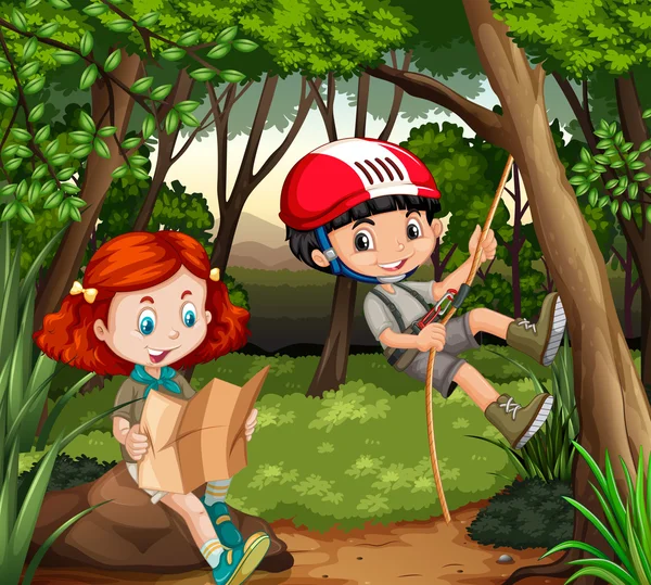 男孩和女孩在树林里徒步旅行 — 图库矢量图片