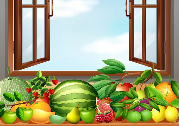Berbagai jenis buah-buahan di atas meja - Stok Vektor