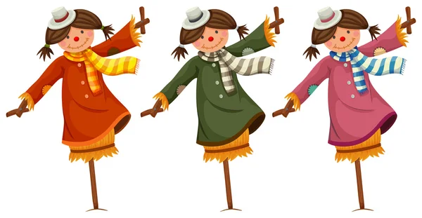 Three scarecrows in woman clothes — Stock Vector
