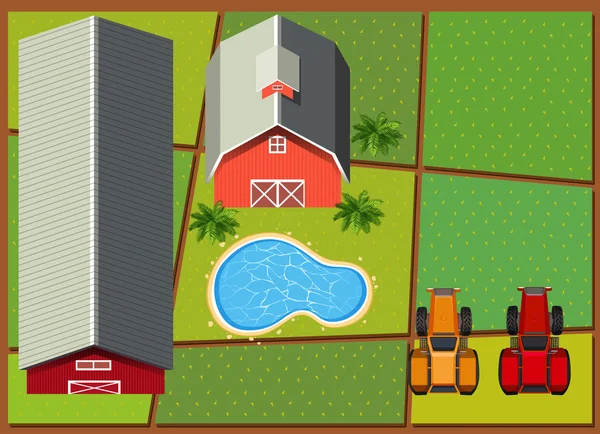 Scène aérienne avec granges à la ferme — Image vectorielle
