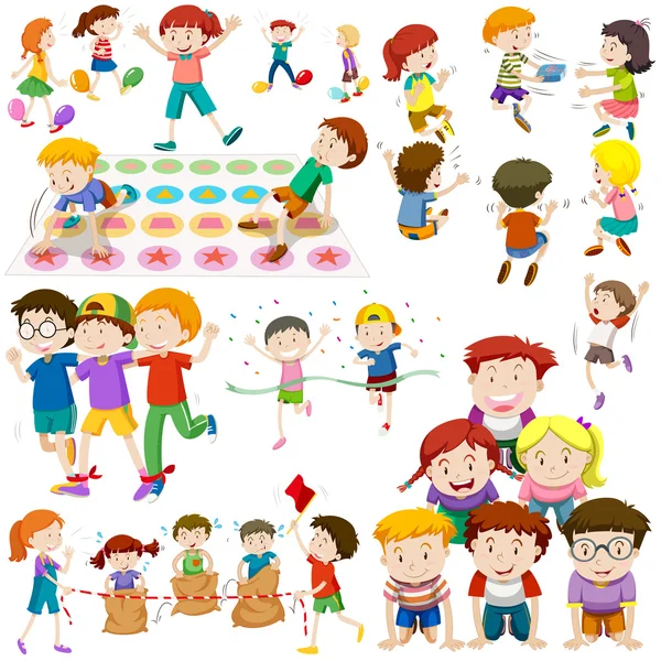 Children playing different kinds of games — Stock Vector