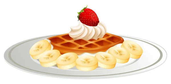 Waffle com creme de banana no prato — Vetor de Stock