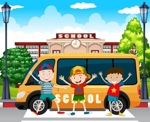 Boys standing by the school van — Stock Vector