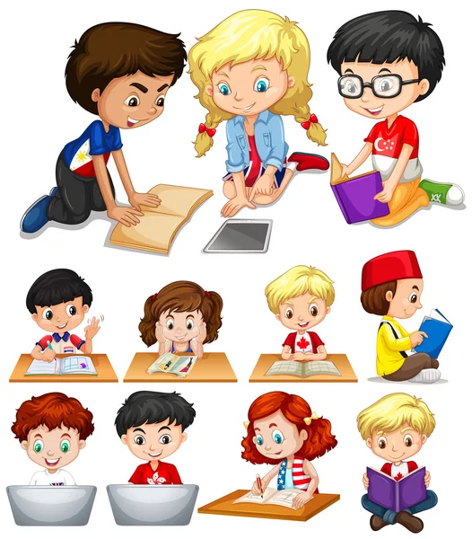 Boys and girls reading and studying — Stock Vector