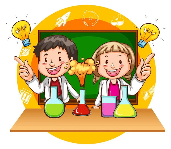 Niño y niña haciendo experimento científico — Vector de stock