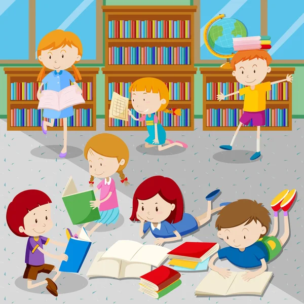 Students reading books in library — Stock Vector