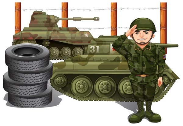 Soldat och två stridsvagnar — Stock vektor