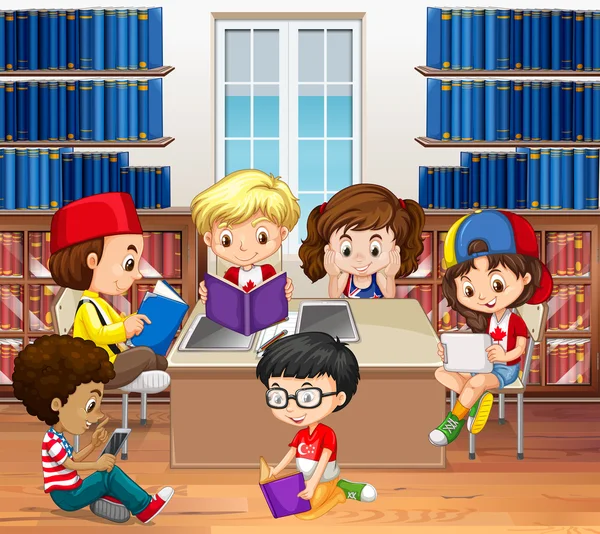 Niños y niñas leyendo en la biblioteca — Vector de stock