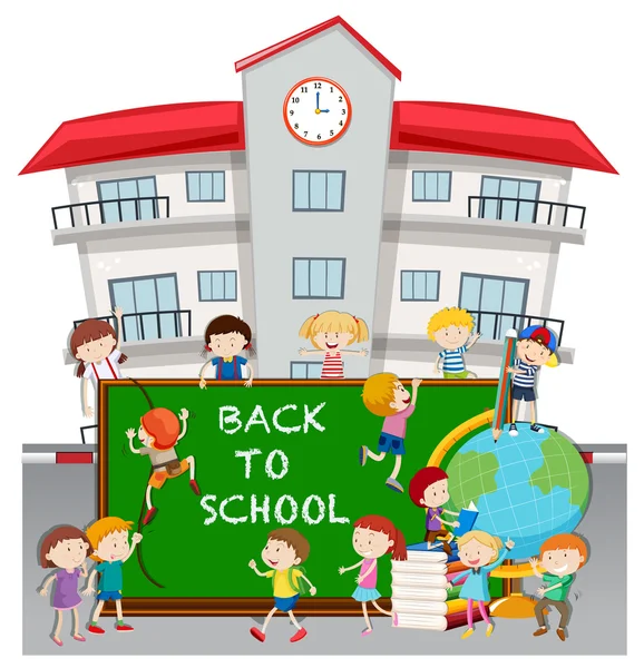 Voltar ao tema da escola com os alunos na escola — Vetor de Stock