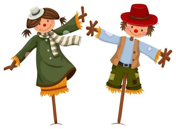 Scarecrows klädd som flicka och pojke — Stock vektor