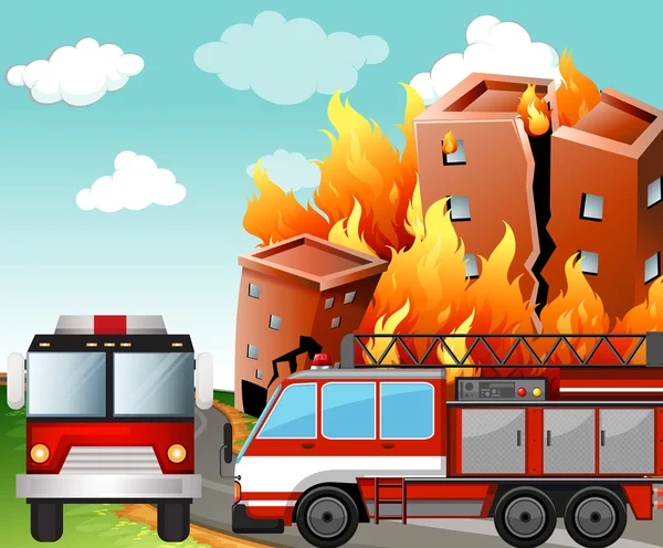 Camiones de bomberos en la escena del fuego — Vector de stock