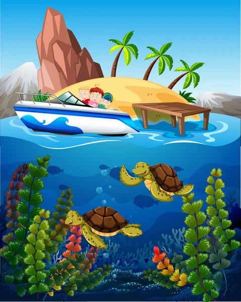 People in boat and turtles under the sea — Stock Vector