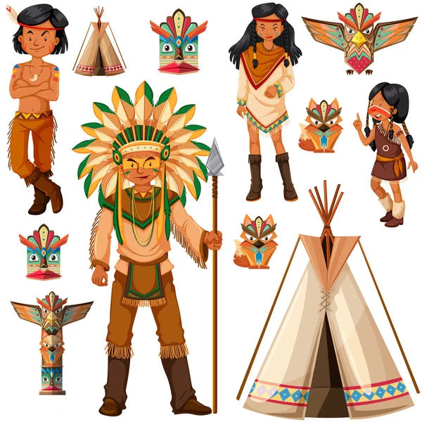 Native American Indische mensen en Tipi — Stockvector