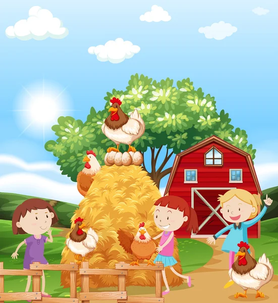 Κορίτσια και τα κοτόπουλα στο αγρόκτημα — Διανυσματικό Αρχείο