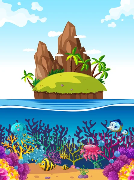 Escena con isla y peces bajo el mar — Vector de stock