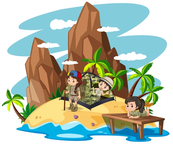 Children camping out on island — Stock Vector