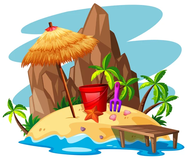 Escena con roca y playa en isla — Vector de stock