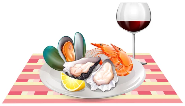 Seafood and red wine on table — Stock Vector