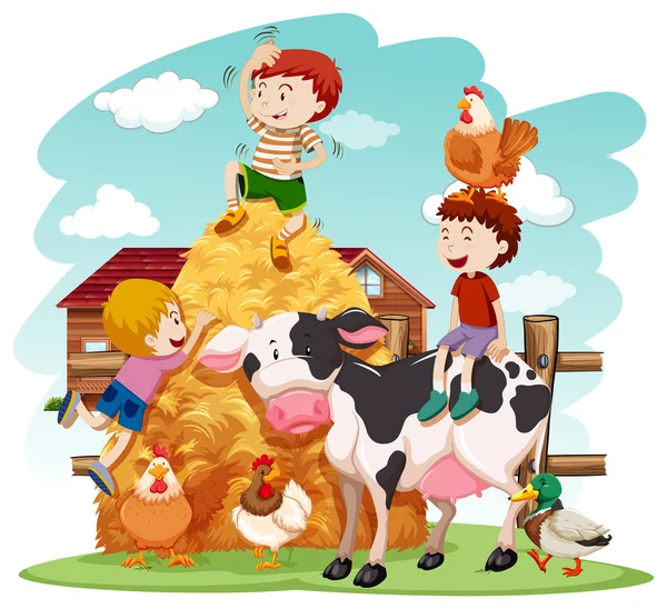 Дети играют с сельскохозяйственными животными в поле — стоковый вектор