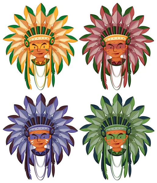Cuatro cabezas de indios nativos americanos — Vector de stock