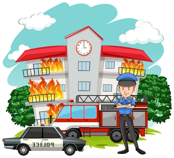 Policeman and fire at the building — Stock Vector