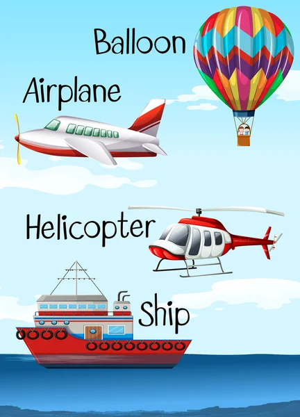 Diferentes tipos de aeronaves y barcos — Vector de stock