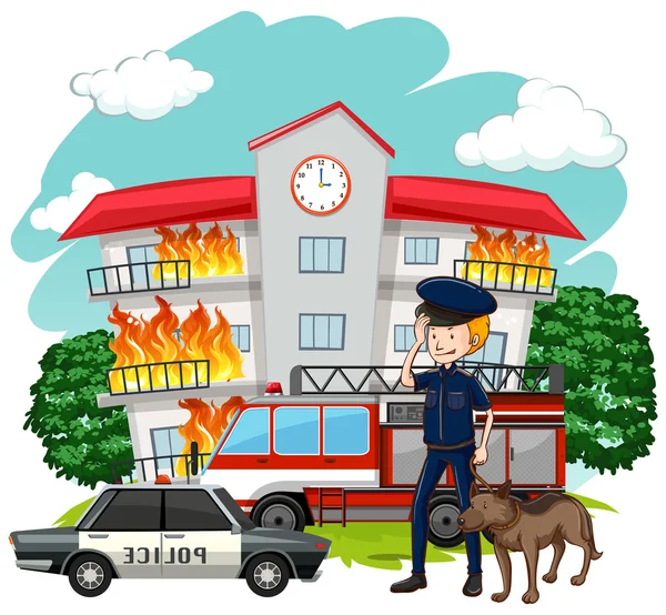 Policía y perro en escena de incendio — Vector de stock