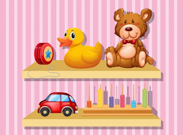 Muchos juguetes en estante de madera — Vector de stock