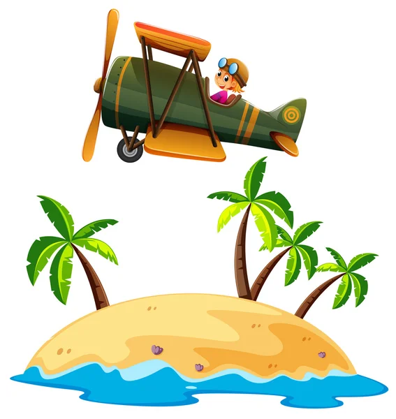 Chica volando avión sobre la isla — Vector de stock