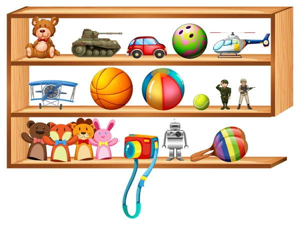 Étagère en bois pleine de jouets — Image vectorielle