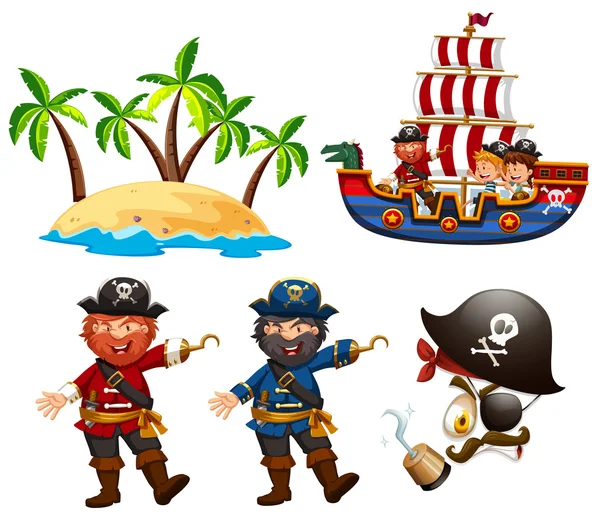 Piratas y niños en el barco — Vector de stock