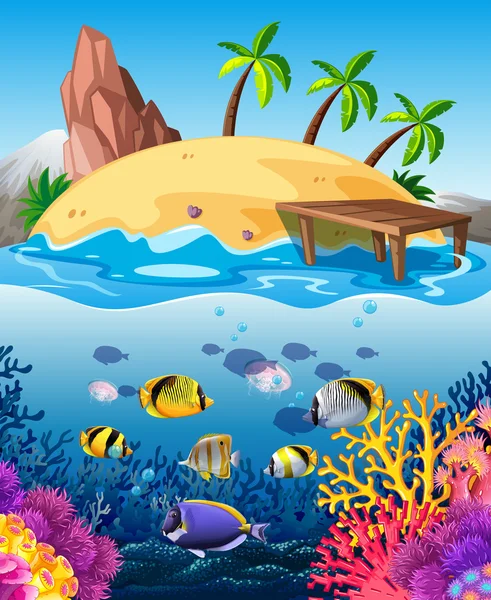Fish swimming underwater and island — Stock Vector