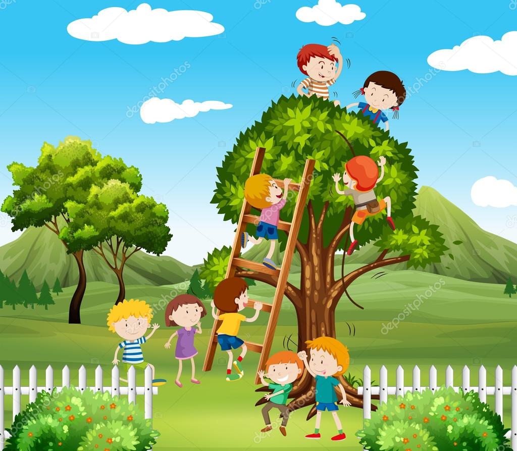 Kids climbing up tree in the park Stock Vector by ©blueringmedia