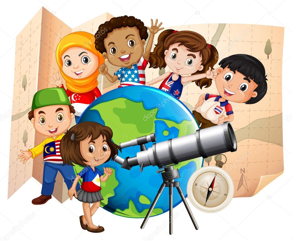 Children with telescope and world map