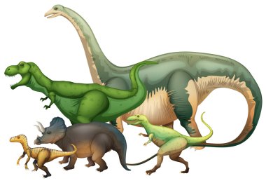 Beyaz arka plan üzerinde birçok dinozorlar
