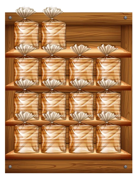 De nombreux sacs de pain sur des étagères en bois — Image vectorielle