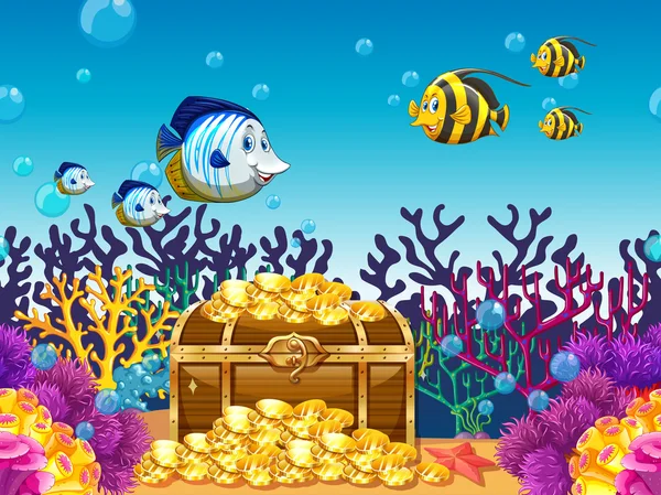 Escena con treassure y peces bajo el agua — Vector de stock