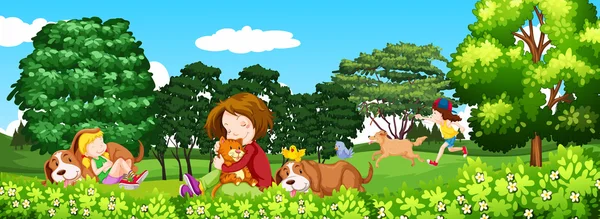 Escena con niños y mascotas en el parque — Vector de stock