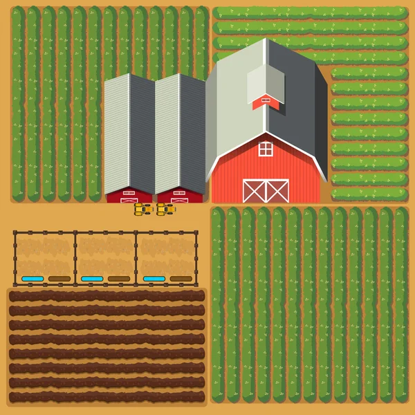 Luftaufnahme von Ackerland mit Scheunen und Feldfrüchten — Stockvektor