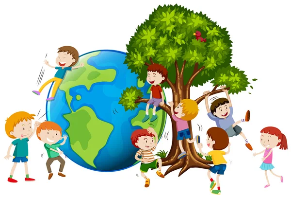 Niños trepando al árbol — Vector de stock