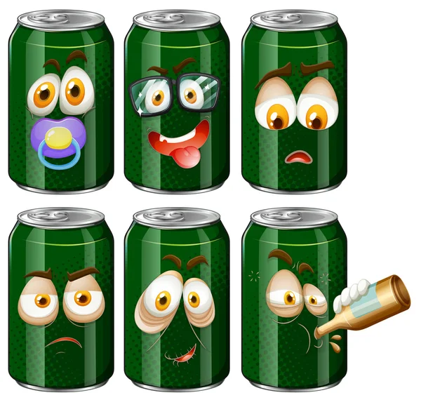 Green cans with facial expression — Stock Vector