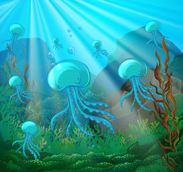 Adegan dengan ubur-ubur berenang di bawah air - Stok Vektor