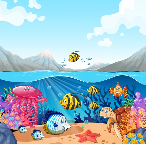 Escena de naturaleza con peces y tortugas — Vector de stock