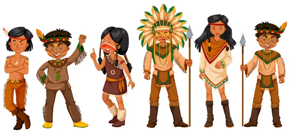 Many native american indians in costumes — Stock Vector