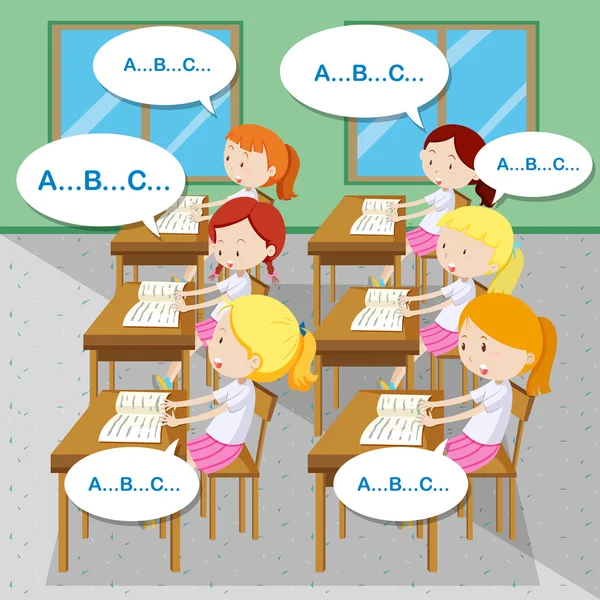 Estudiantes aprendiendo inglés en clase — Vector de stock