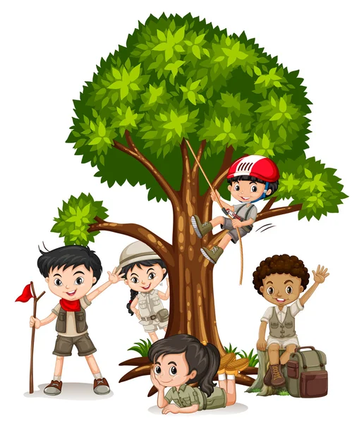 Niños y niñas trepando árbol — Vector de stock