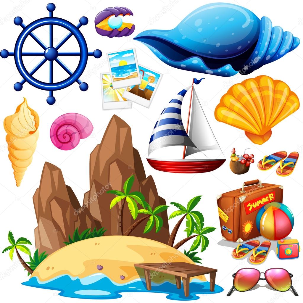 Summer theme with island and beach items