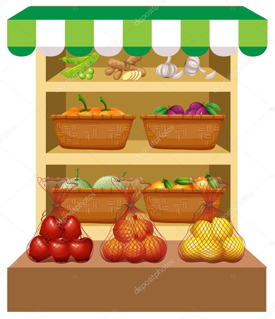 Fresh vegetables and fruits on shelves