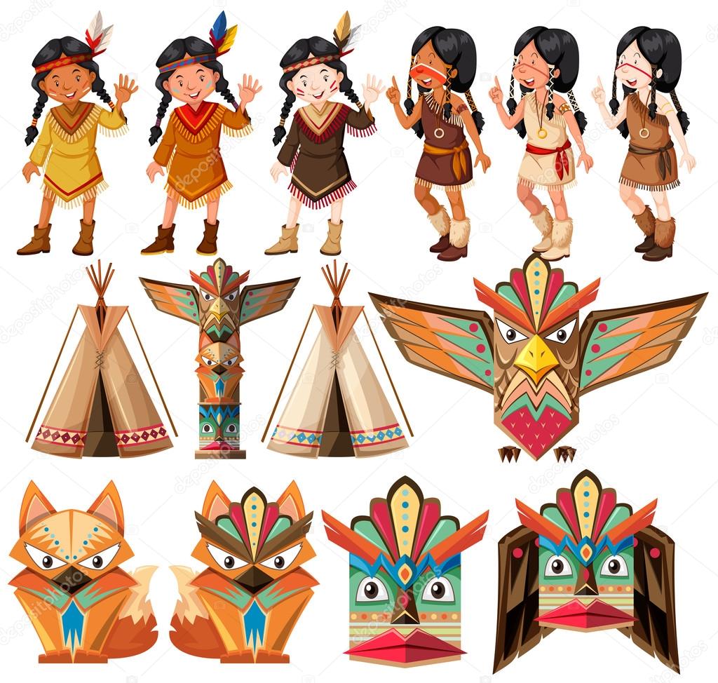 Native american indians and traditional craft set