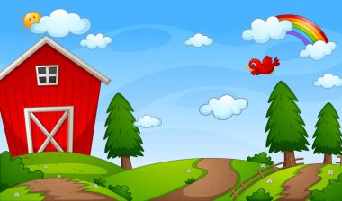 Gökyüzünde gökkuşağı olan doğa sahnesinde kırmızı ahır çiftliği